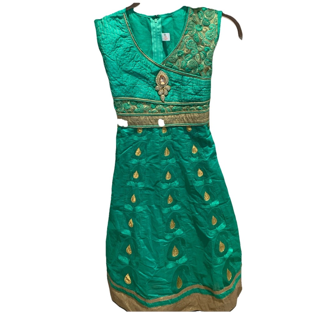 Indian Pakistani‎ Bollywood Jewel Party Dress Green Gold Size 32 Made In India